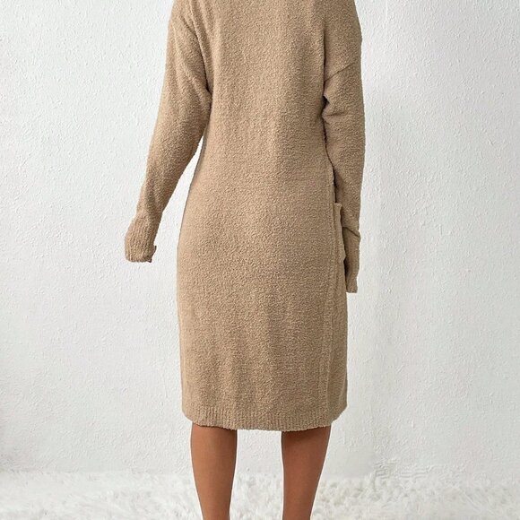 Tan Casual Womens Drop Shoulder Drawstring Cardigan & Knit Top & Knit Shorts - Picture 2 of 5